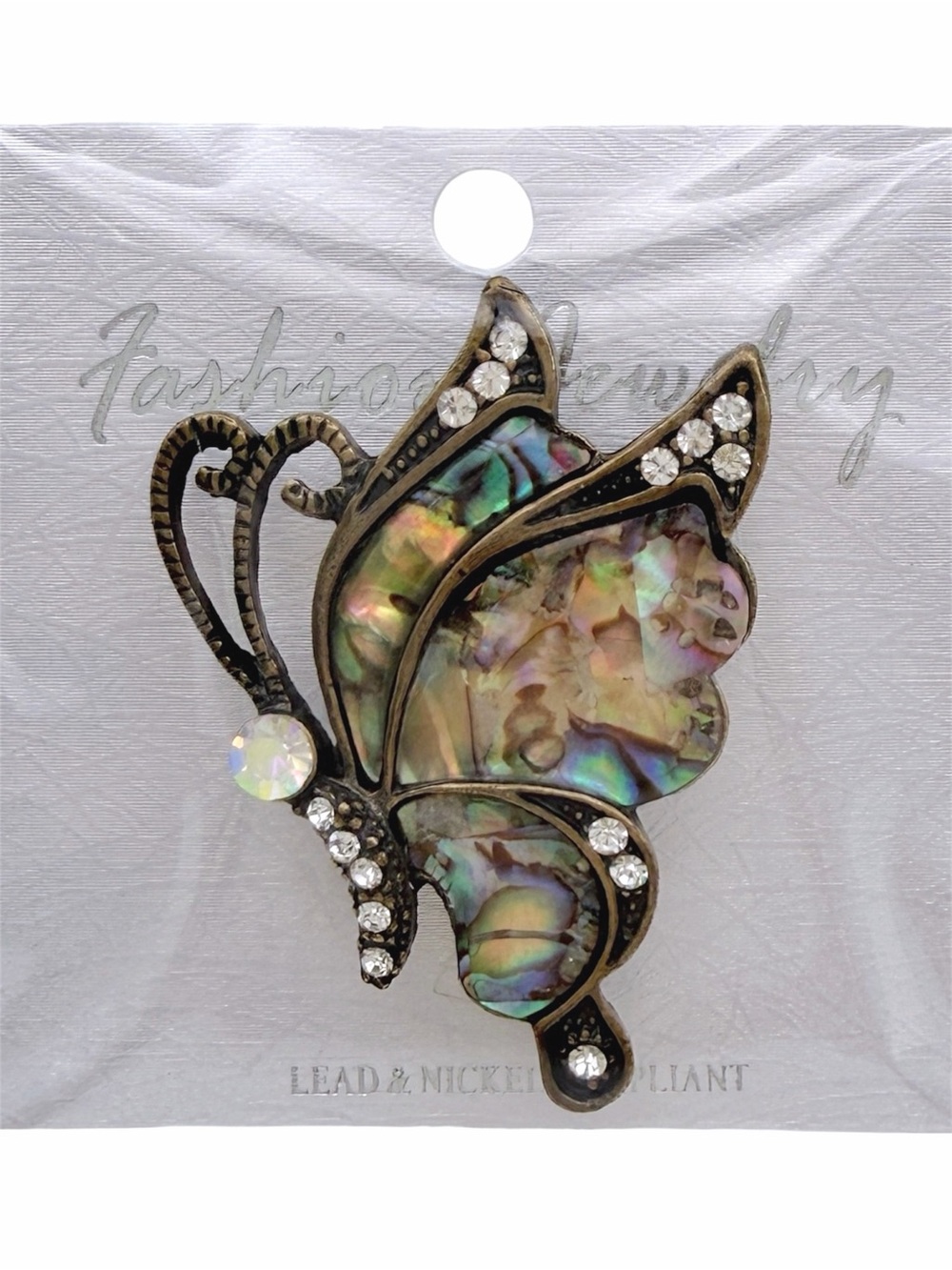 Abalone Paua Shell Butterfly Brooch Rhinestone Antiqued Bronze Pin NWT